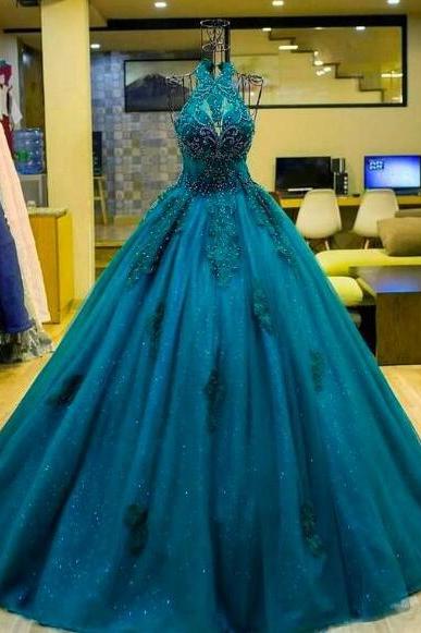 Halter Blue Sparkly Prom Dresses