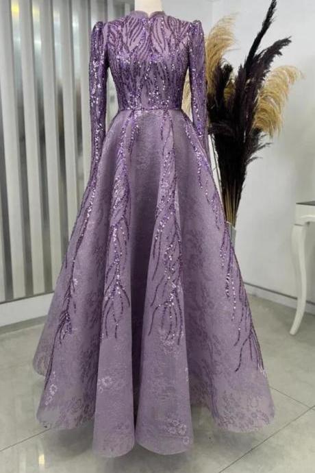 Embroidered Muslim Evening Gown Sequin Prom Dresses