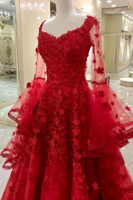 A Line Red Long Lace Tulle Prom Dresses