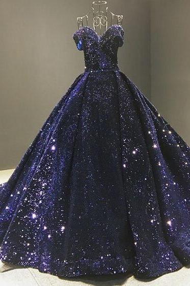 Princess Ball Gown Off The Shoulder Sequin Prom Dresses