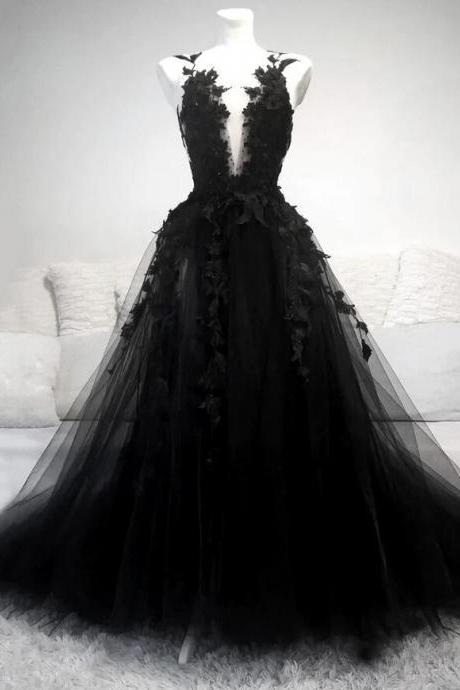 A Line Black V Neck Lace Long Prom Dresses