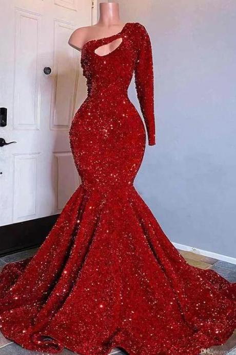 One Shoulder Red Sequined Black Girls Mermaid Prom Dresses