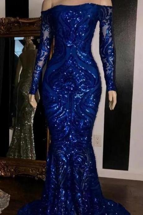 Sparkly Sequined Royal Blue Mermaid African Prom Dresses