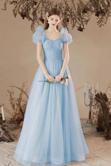 A-line Sweetheart Neck Tulle Long Blue Prom Dresses