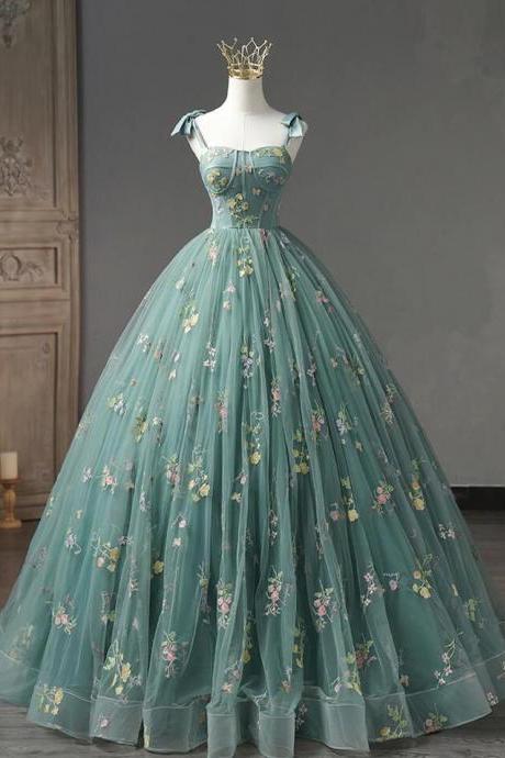 A-line Green Long Tulle Prom Dresses