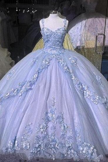 Straps Tulle Blue Lace Prom Dresses