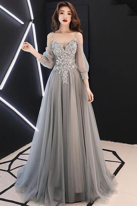 A Line Gray Lace Tulle Long Prom Dresses