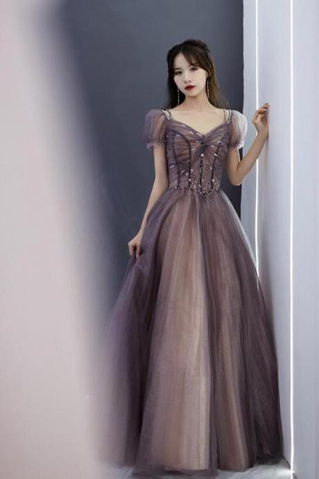 Cute Tulle Beads Long Prom Dresses