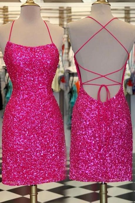 Pink Sequin Mini Homecoming Dresses