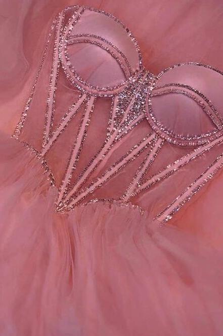 Simple Pink Floor-length Tulle Prom Dresses