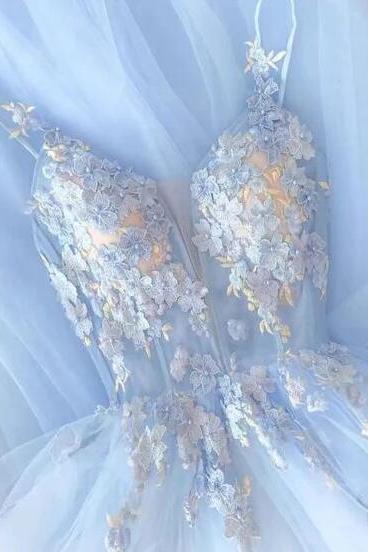 A Line Light Sky Blue Tulle Evening Dresses