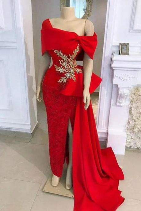 Off Shoulder Long Luxury Beaded Red Evening Dresses