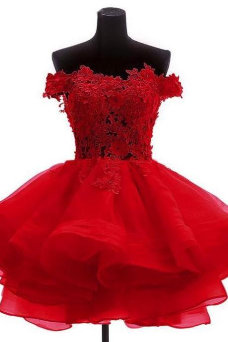 Red Off Shoulder Organza Short Prom Dress With Lace