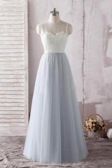 Elegant Straps Sleeveless Appliqued Tulle A-line Prom Dresses