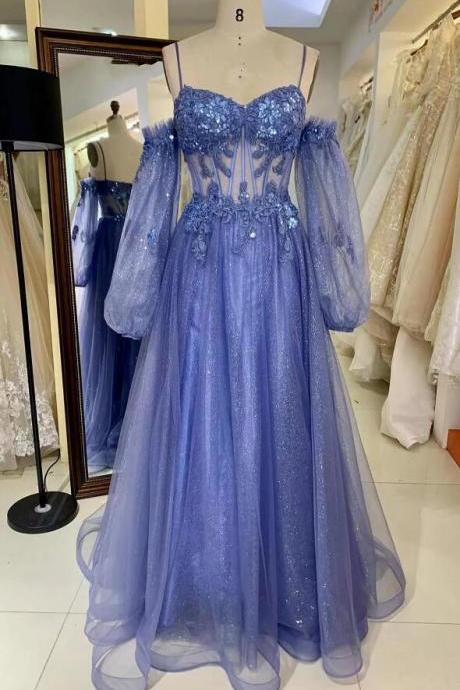 Off-the-shoulder Lavender Sequins Applique Long Prom Dresses