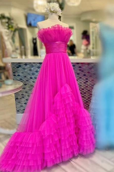 A-line Princess Fuchsia Strapless Tulle Prom Dresses