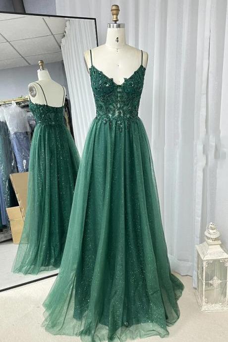 A-line Hunter Green Applique Straps Tulle Long Prom Dress