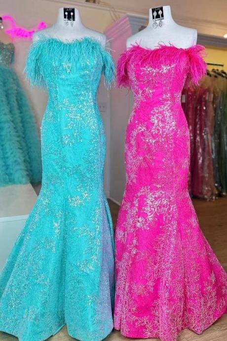 Mermaid Strapless Sequins Prom Dress With Feathers