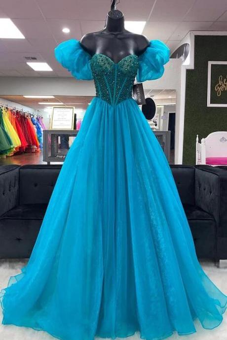 A-line Puff Off-the-shoulder Beaded Long Prom Dresses