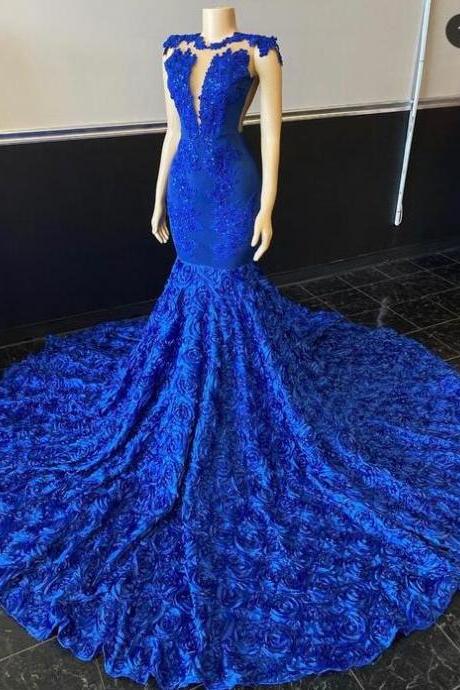 Fashion Lace Applique Royal Blue Prom Dresses