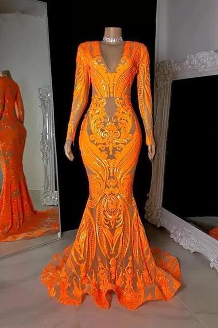 Fashion Long Sleeve Orange Sequin Prom Dresses For Women