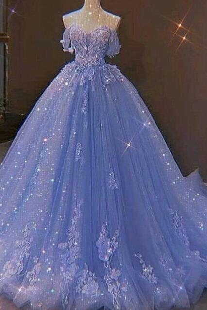 Charming Off The Shoulder Blue Prom Dresses With Lace Applique