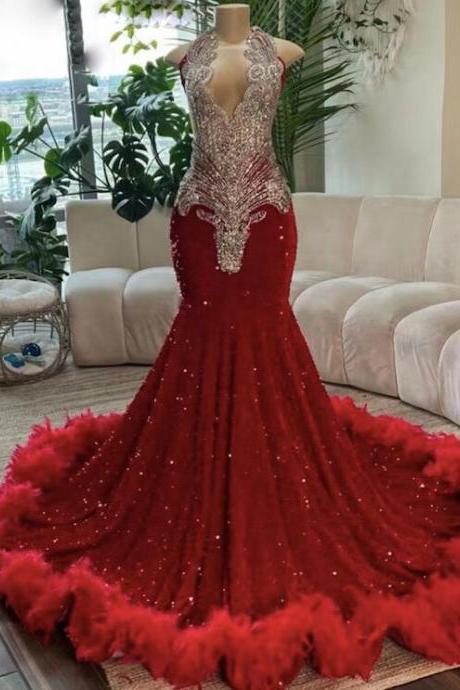 Sparkly Luxury Feather Glitter Prom Dresses for Black Girls