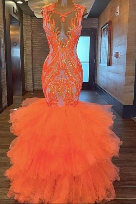 A Line Orange Prom Dresses, Modest Sequin Evening Dresses