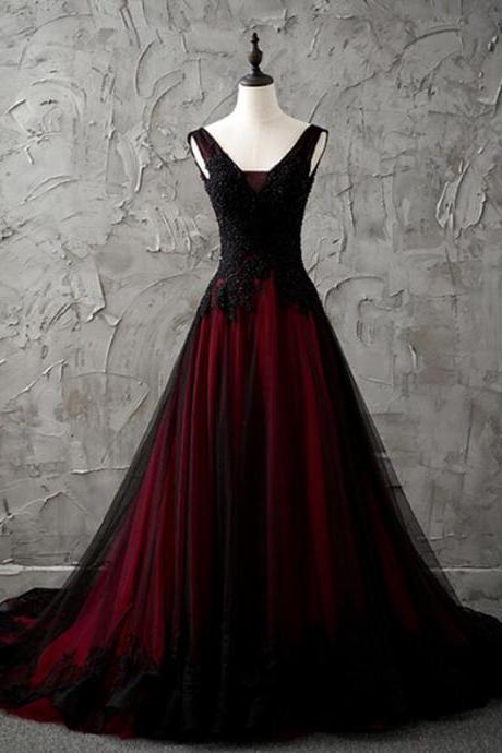 Gothic V-neck Sleeveless Black And Red Prom Dresses Lace Appliques