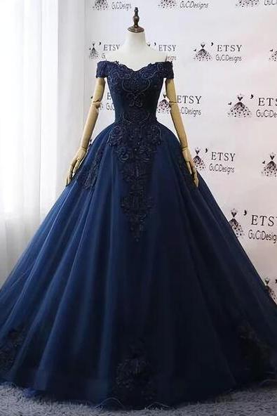 Off Shoulder Navy Blue Floral Lace Ball Gown Prom Dresses
