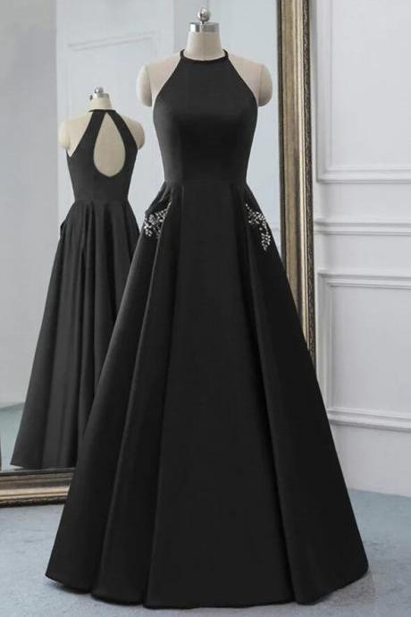 Simple Black Satin Open Back Long Prom Dress