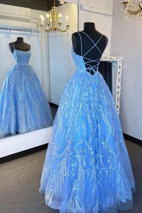 Elegant Straps Blue Appliqued Formal Prom Dress