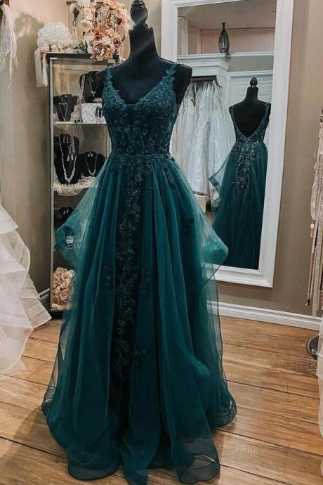 Floor Length Dark Green Tulle A-line Lace Formal Prom Dresses