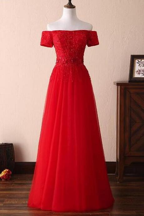 Off Shoulder Red Tulle Lace Prom Gowns