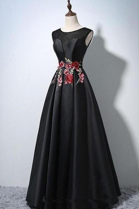 A Line Black Satin Long Formal Dresses