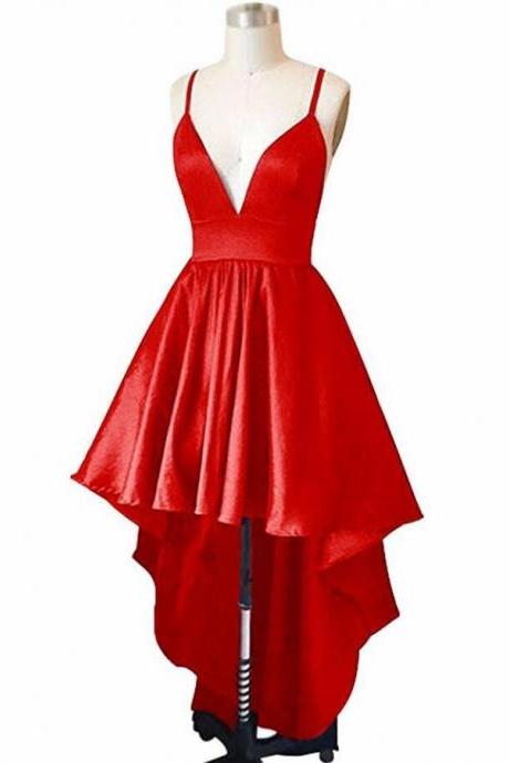 Straps Red Satin High Low Straps Homecoming Dresses