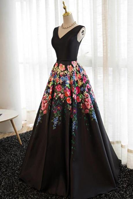Charming Black Floral Satin V-neckline Prom Dresses