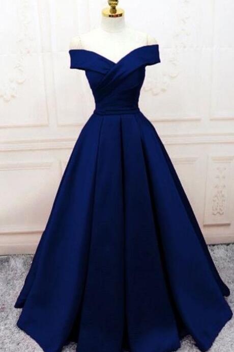 Off Shoulder Elegant Navy Blue Satin Formal Gown