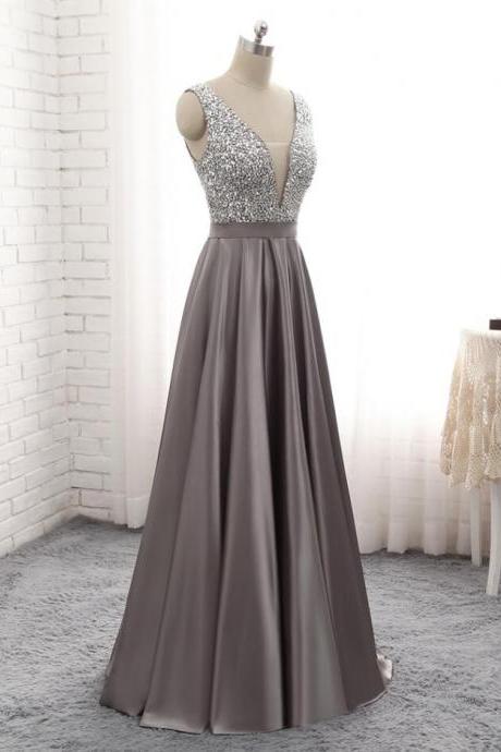 A Line Grey Satin V-neckline Long Prom Dresses