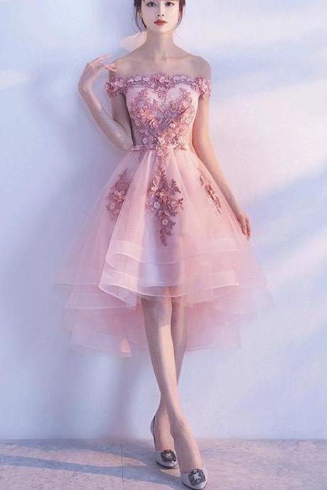 High Low Tulle Pink Lace Applique Formal Dress