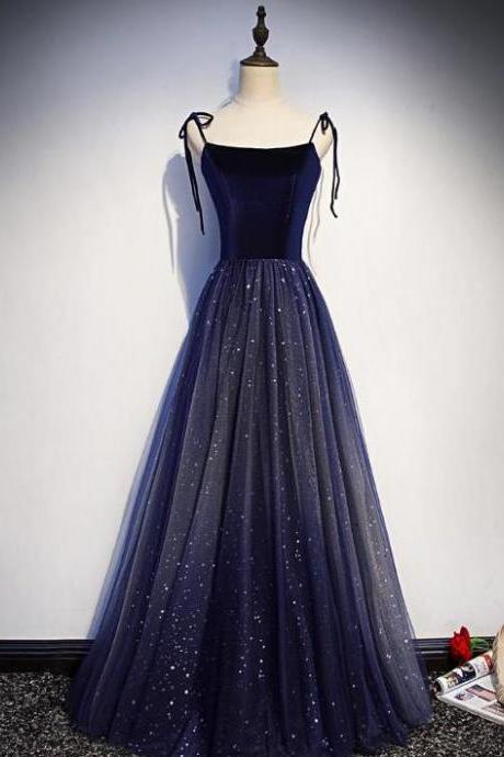 A Line Navy Blue Velvet and Tulle Straps Party Dresses