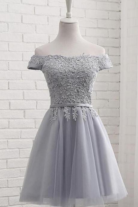 Off Shoulder Grey Lace Applique Cute Homecoming Dress