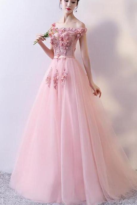 Beautiful Pink Tulle With Flowers Applique Long Formal Gowns