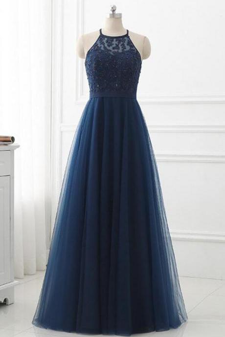 Beautiful Halter Navy Blue Tulle Applique Long Prom Dresses