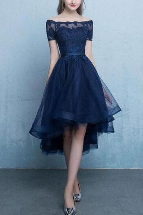 Chic Navy Blue Tulle High Low Prom Dress With Lace Applique