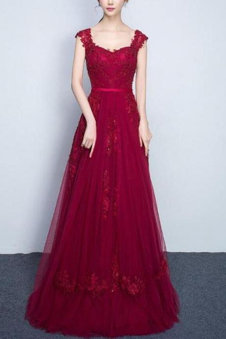 Beautiful Wine Red Tulle Straps Long Party Dresses