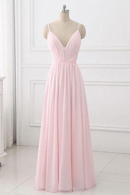A Line Pink Simple V-neckline Straps Prom Dresses