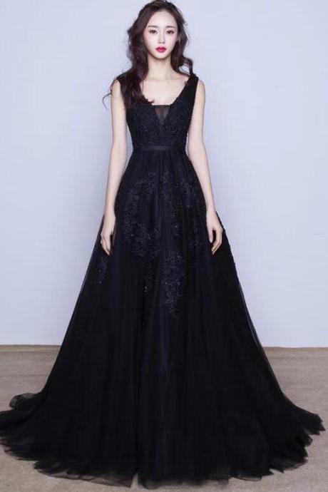 Mermaid Black Tulle With Lace Applique Party Dresses