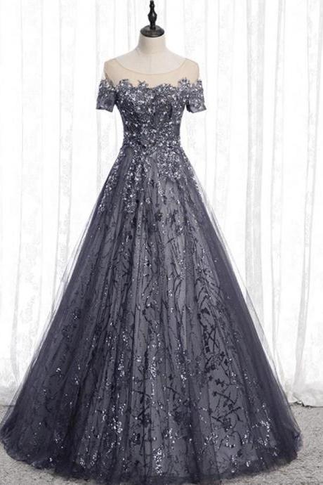 A Line Gray Tulle Sequins Long Prom Dress