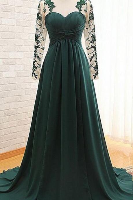 Dark Green Sexy Illusion Long Sleeves Prom Dresses
